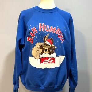 Vintage 90s Wile E Coyote Bah Humbug Christmas Sweatshirt Size Large Blue Looney